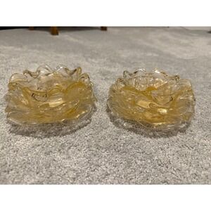 Set of Murano Gold Glass Candle Holders Rose Flower Ruffled Edge Art Blown Glass